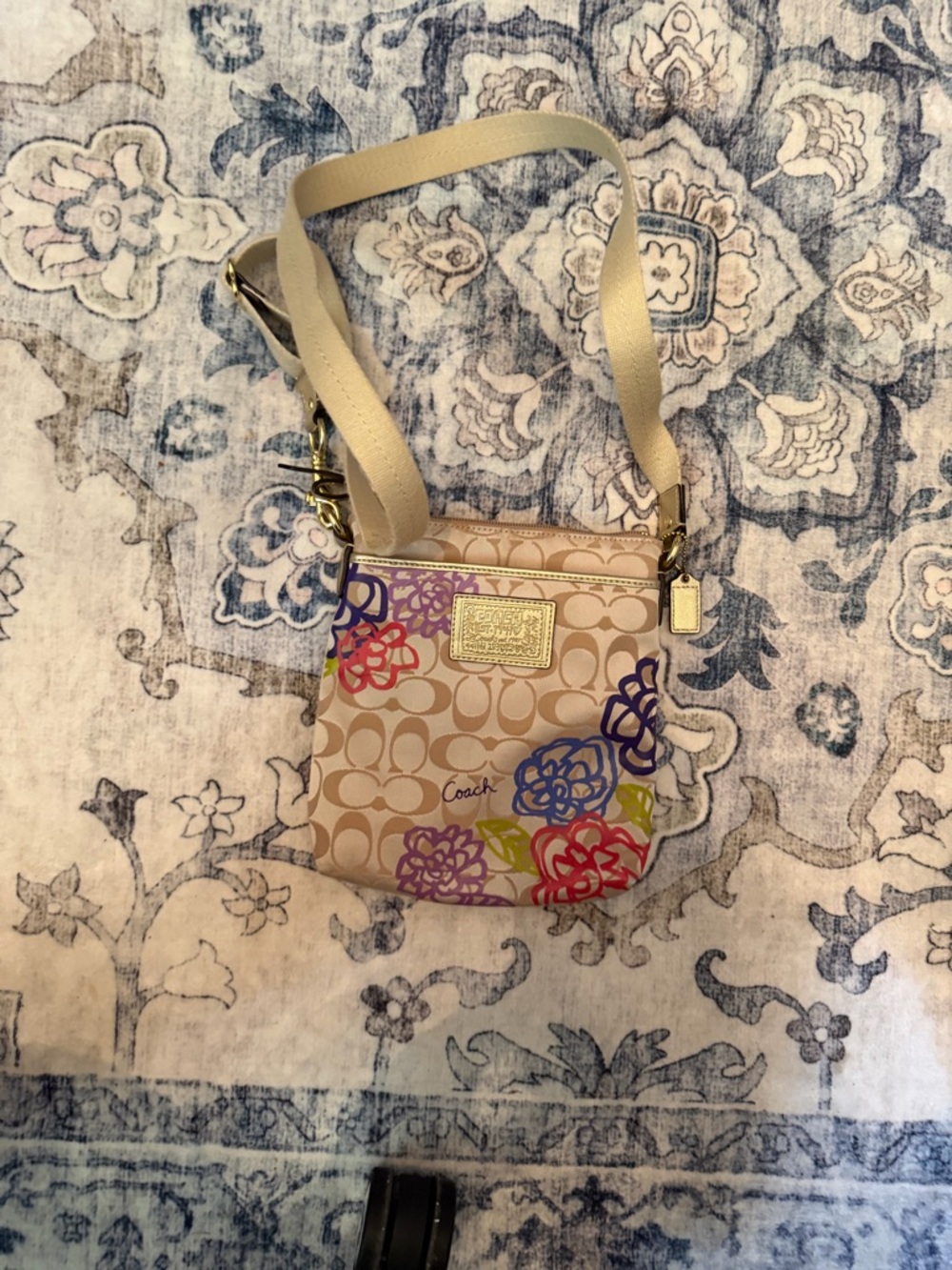 Coach Poppy Beige Signature Floral Crossbody with Multicolor Flowers